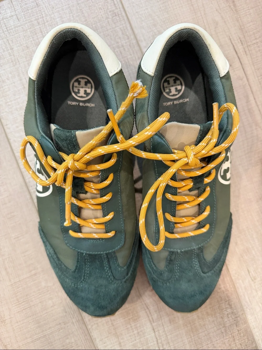 Tory Burch Annie Nylon Green Suede Women’s Sneakers with Yellow Laces-10.5